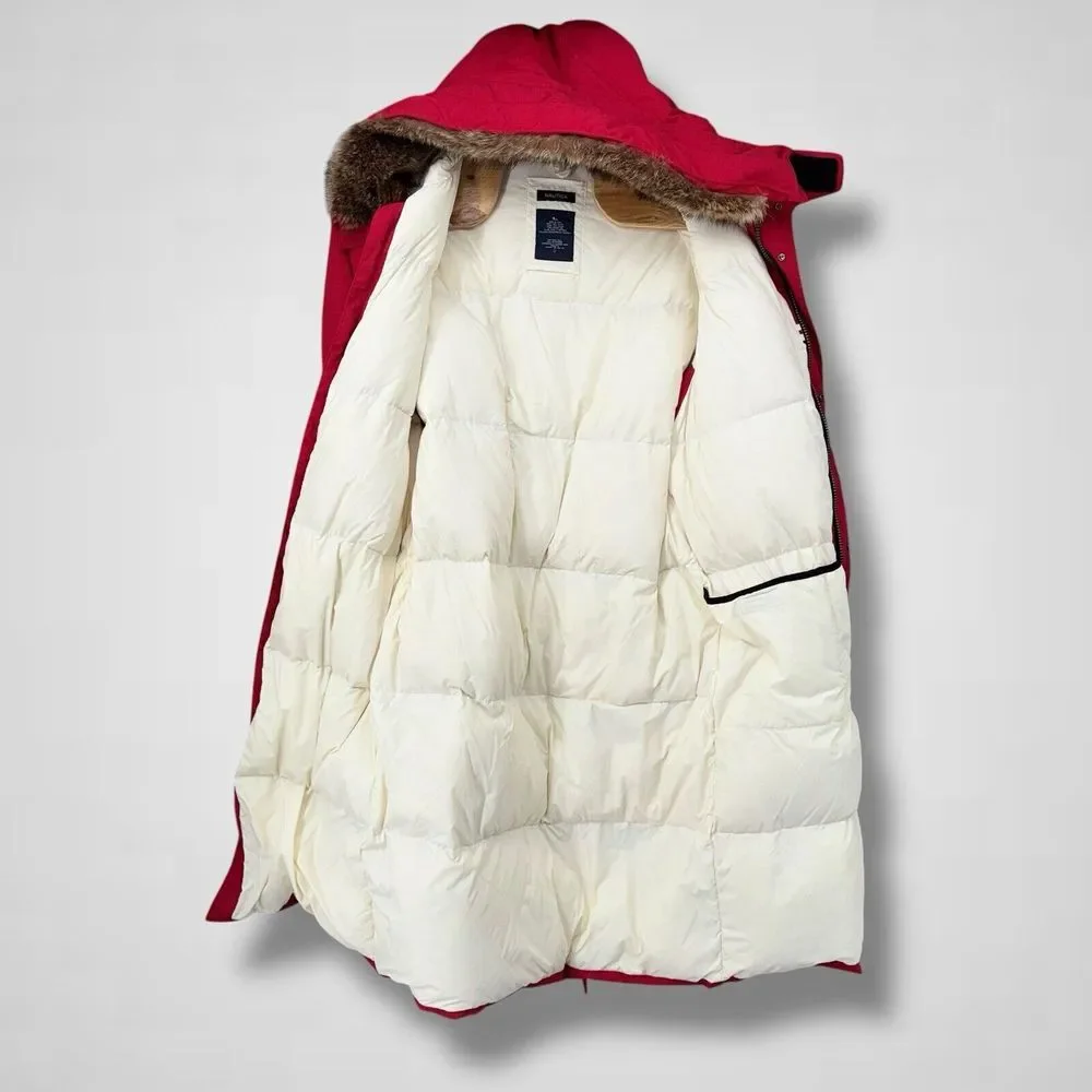 Nautica Goose Down Raccoon Fur Trim Trench Parka Coat Womens Large Belted Hooded